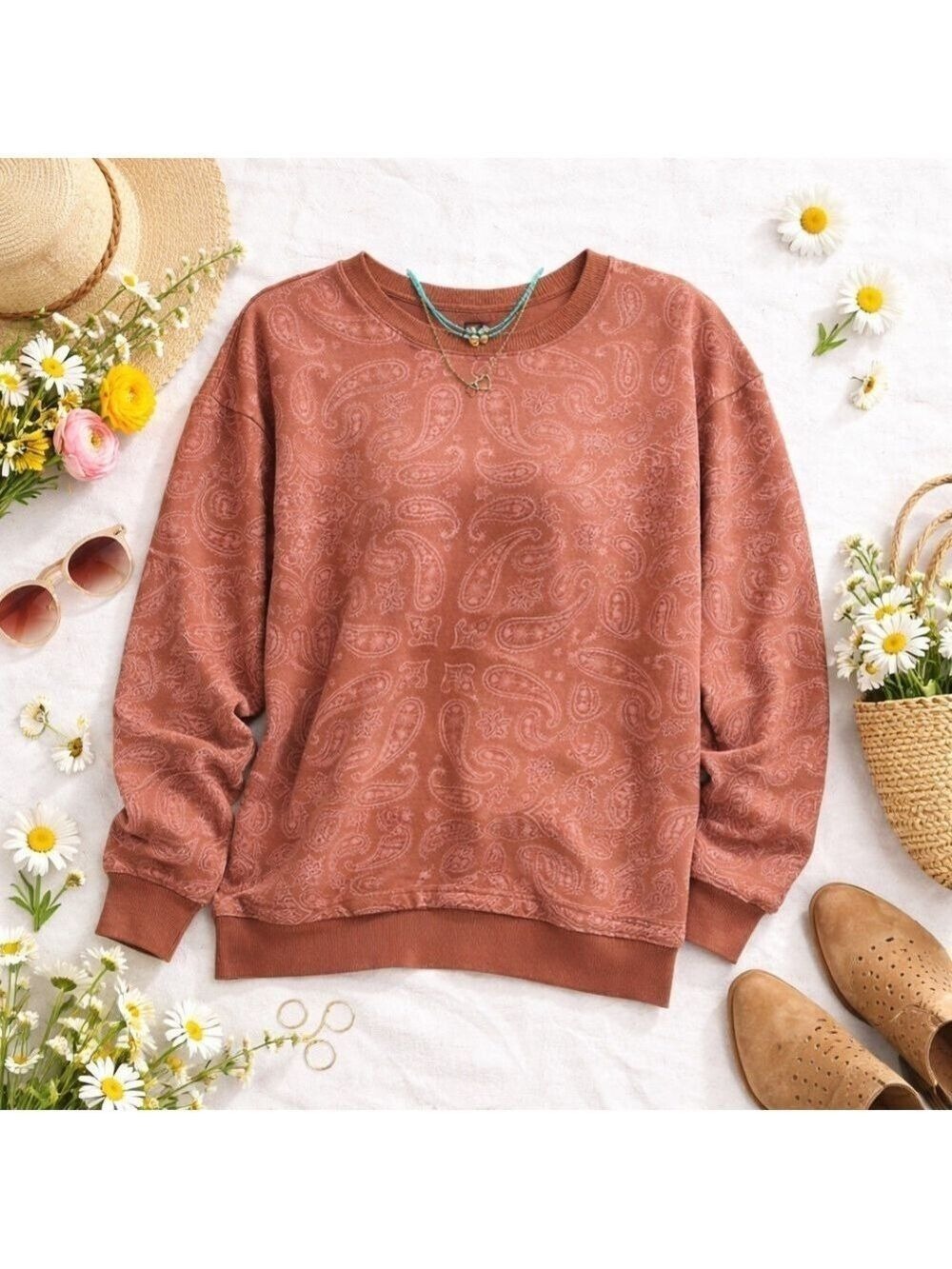 NWT Lucky Brand Paisley Sweatshirt Medium Rust Tones Boho Western Pullover